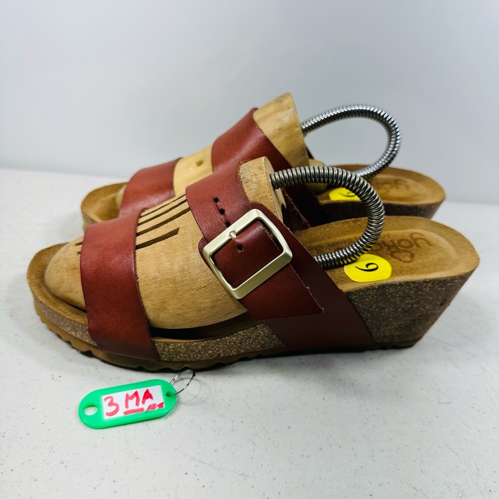 Yokono Womens Wedge Sandals Size 9 Brown Wide Leather Straps Big Buckle